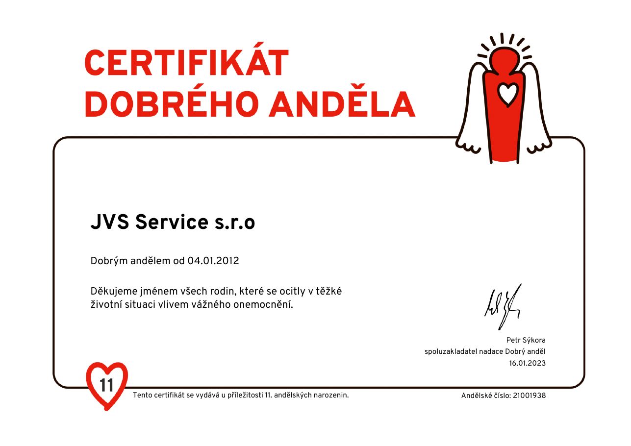 Certifikát Dobrý anděl — JVS Service s.r.o., Dobrým andělem od 4. 1. 2012