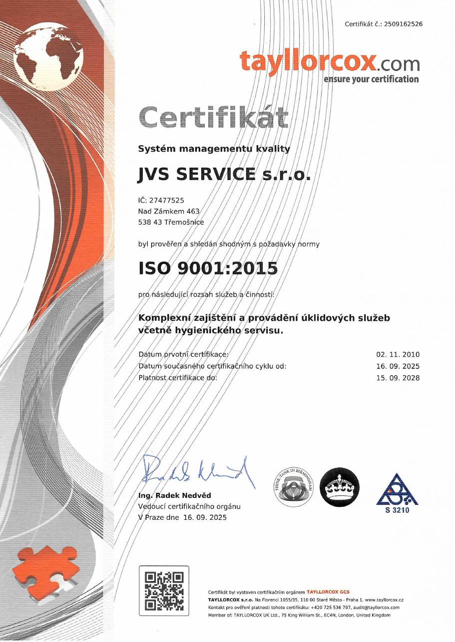 Certifikát ISO 9001:2015 — JVS Service s.r.o., platnost do 15. 9. 2028